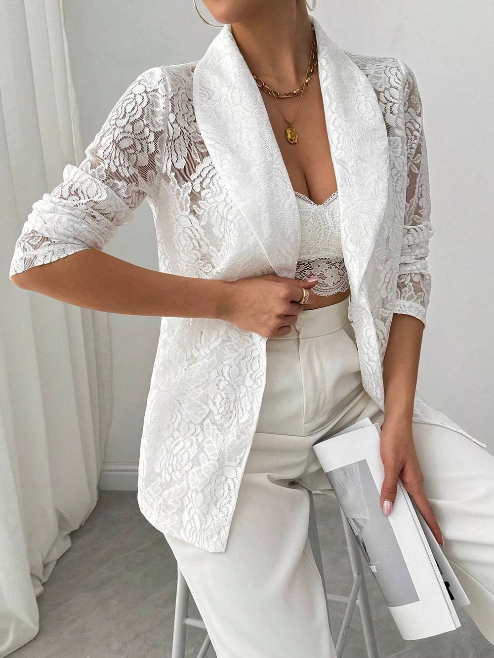 Zara White Lace Embroidered Casual Blazer Fall